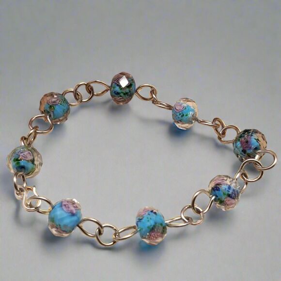 Blue Rose Glass Bead Chain Bracelet - Picture 1 of 7